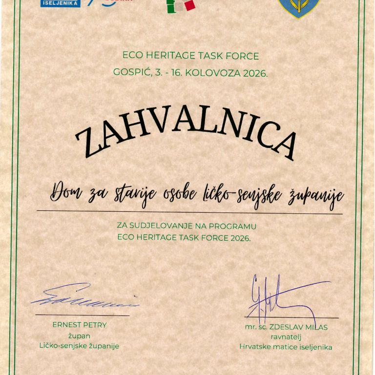 Zahvalnica - ECO HERITAGE TASK FORCE